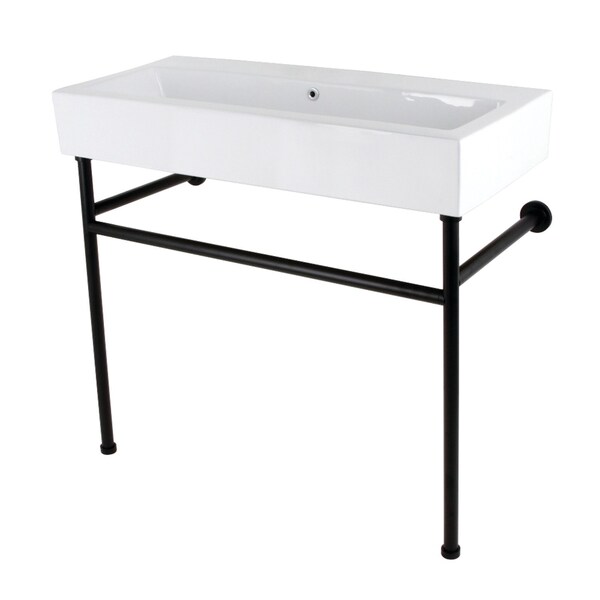 Kingston Brass 39 Porcelain Console Sink with Stainless Steel Legs, WhiteMatte Black VPB3917H0ST - main